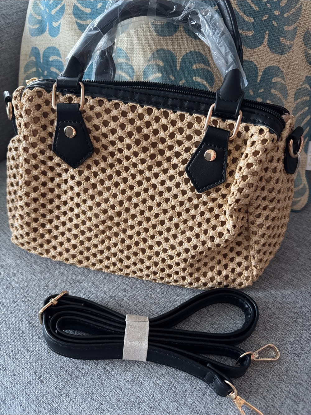 Woven Straw Satchel Handbag with Black Trim